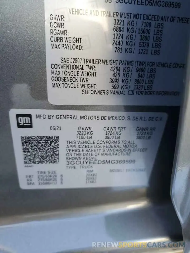 15 fotografías del automóvil dañado 3GCUYEED5MG369599 CHEVROLET ALL Models 2021
