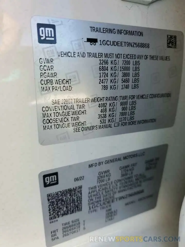 15 fotografías del automóvil dañado 1GCUDEET9NZ568868 CHEVROLET ALL Models 2022