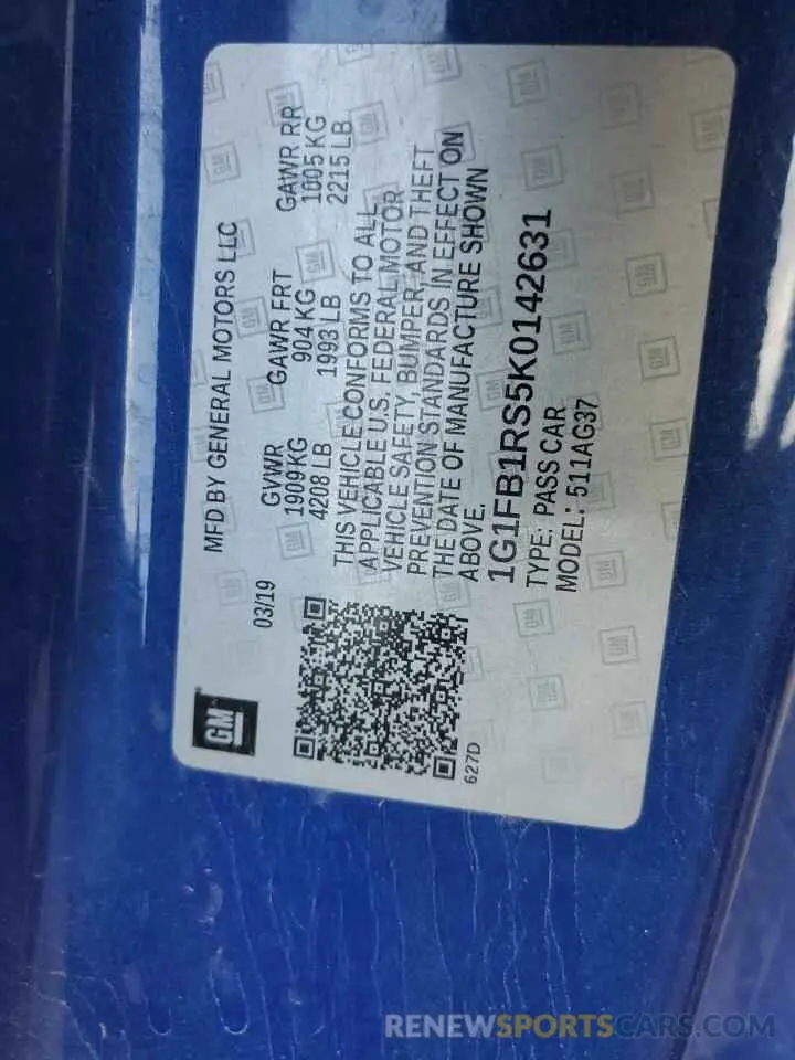 12 fotografías del automóvil dañado 1G1FB1RS5K0142631 CHEVROLET CAMARO 2019