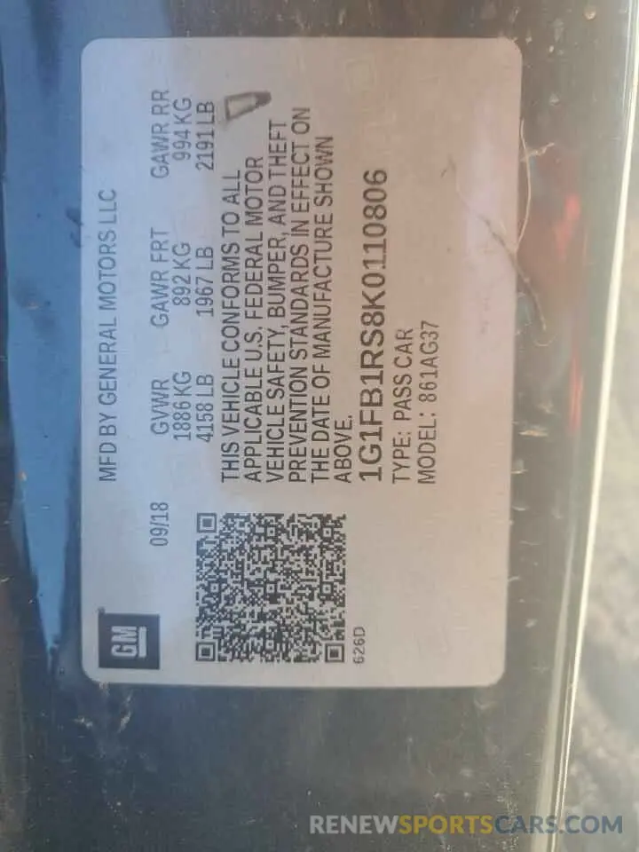 13 fotografías del automóvil dañado 1G1FB1RS8K0110806 CHEVROLET CAMARO 2019