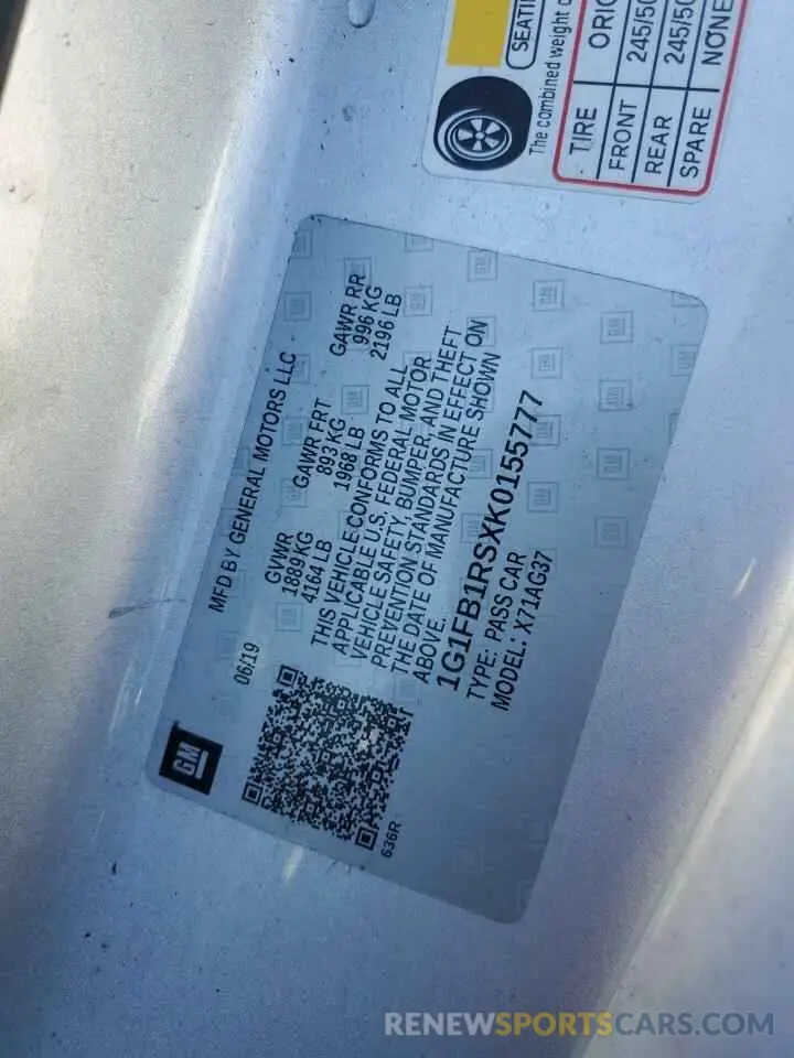 12 fotografías del automóvil dañado 1G1FB1RSXK0155777 CHEVROLET CAMARO 2019