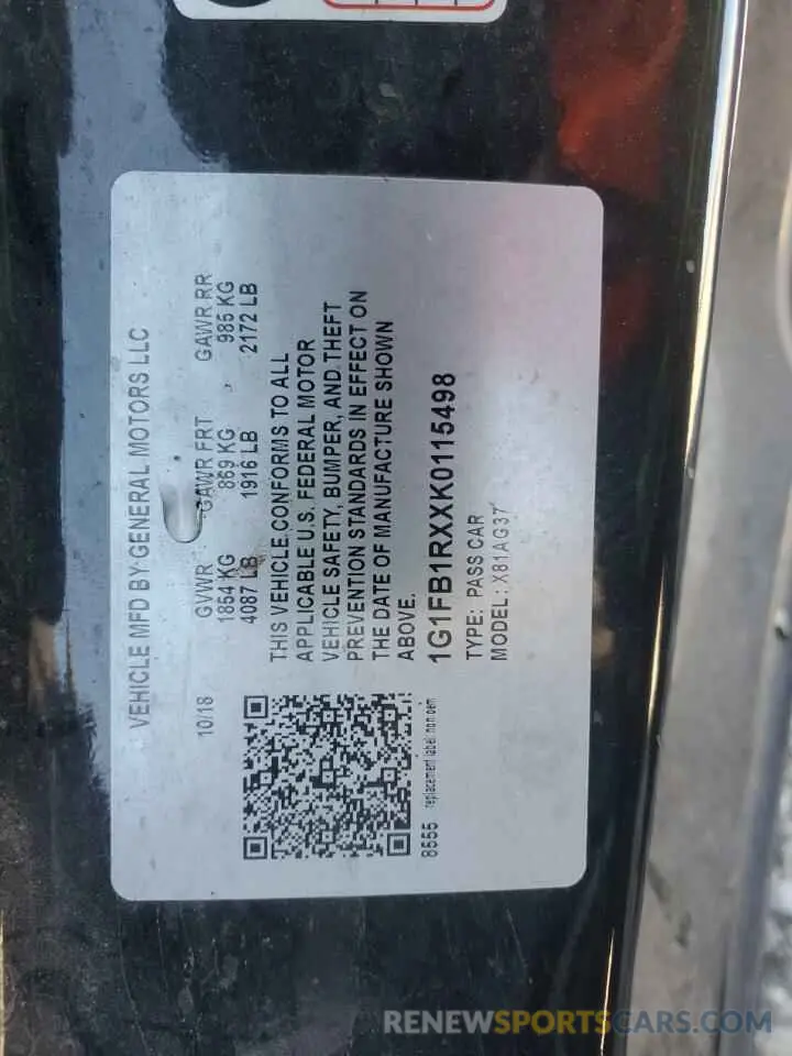 12 fotografías del automóvil dañado 1G1FB1RXXK0115498 CHEVROLET CAMARO 2019