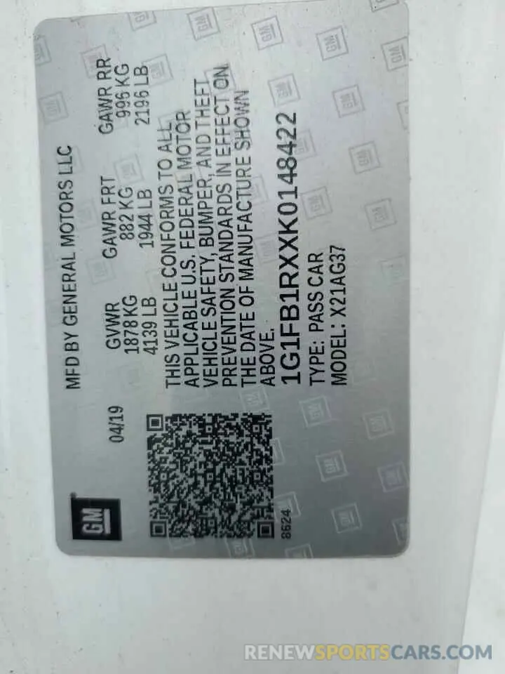 15 fotografías del automóvil dañado 1G1FB1RXXK0148422 CHEVROLET CAMARO 2019