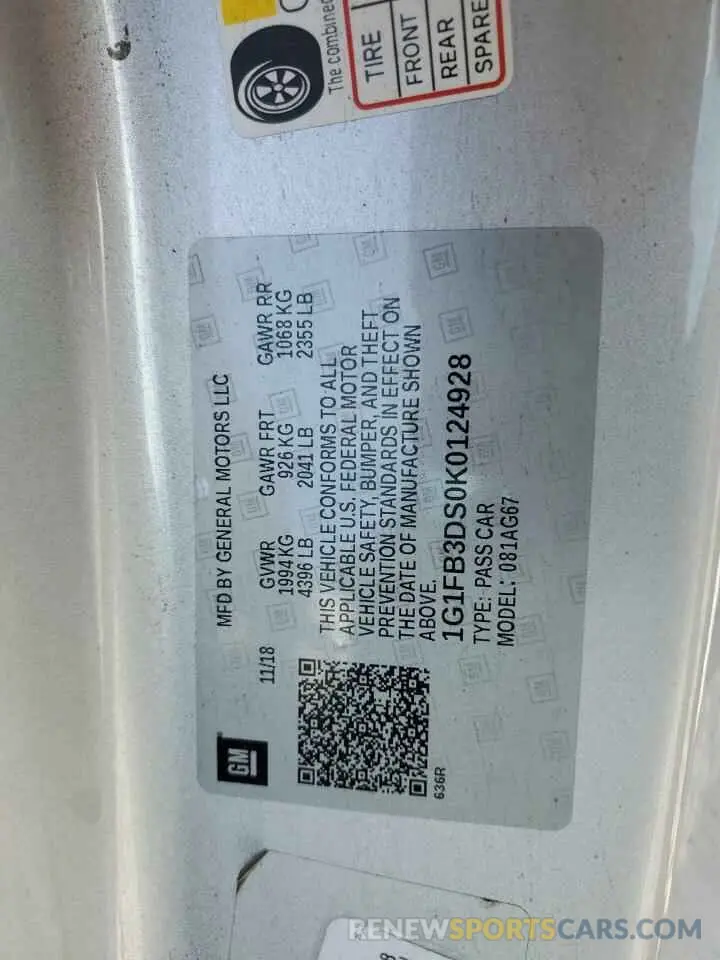 12 fotografías del automóvil dañado 1G1FB3DS0K0124928 CHEVROLET CAMARO 2019
