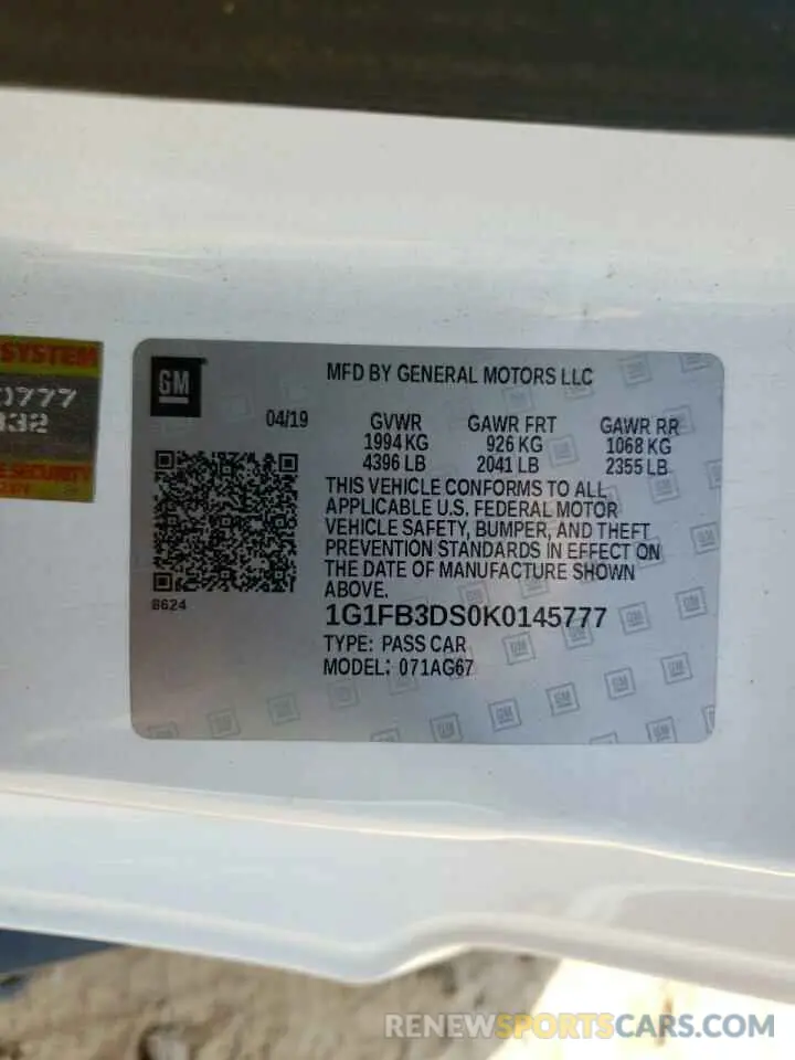 13 fotografías del automóvil dañado 1G1FB3DS0K0145777 CHEVROLET CAMARO 2019