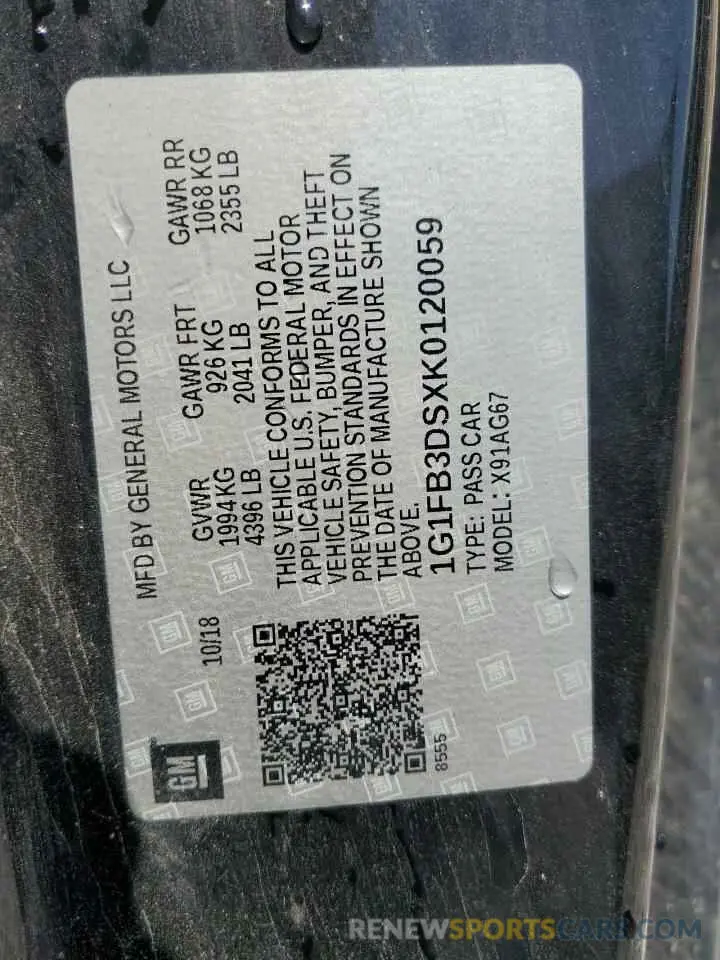 12 fotografías del automóvil dañado 1G1FB3DSXK0120059 CHEVROLET CAMARO 2019