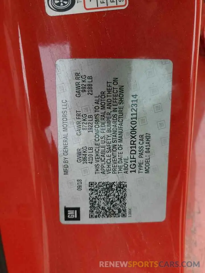 12 fotografías del automóvil dañado 1G1FD1RX0K0112314 CHEVROLET CAMARO 2019