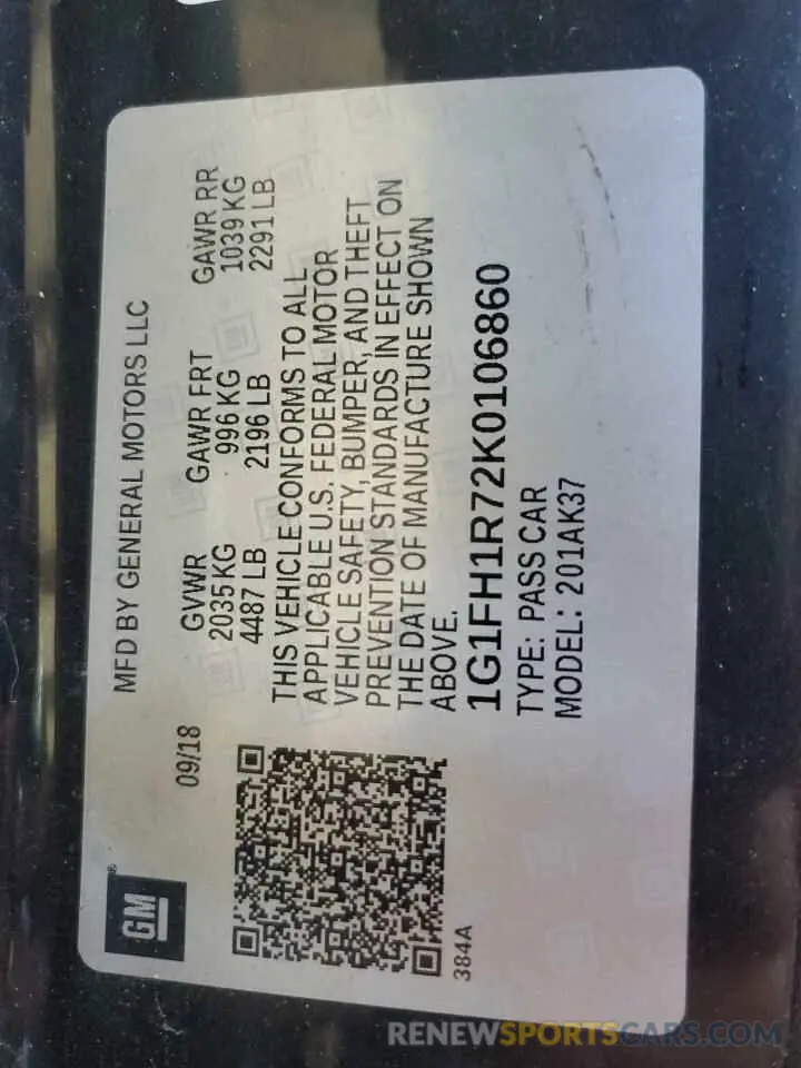12 fotografías del automóvil dañado 1G1FH1R72K0106860 CHEVROLET CAMARO 2019