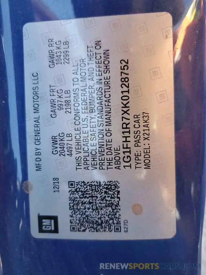 13 fotografías del automóvil dañado 1G1FH1R7XK0128752 CHEVROLET CAMARO 2019