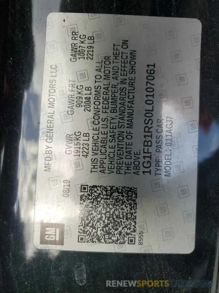 12 fotografías del automóvil dañado 1G1FB1RS0L0107061 CHEVROLET CAMARO 2020