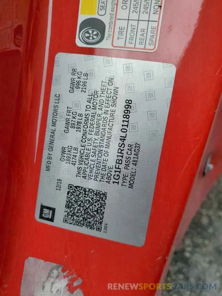 12 fotografías del automóvil dañado 1G1FB1RS4L0118998 CHEVROLET CAMARO 2020