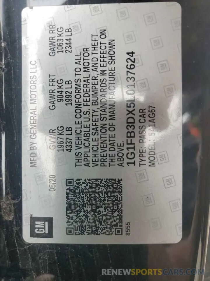 12 fotografías del automóvil dañado 1G1FB3DX5L0137624 CHEVROLET CAMARO 2020