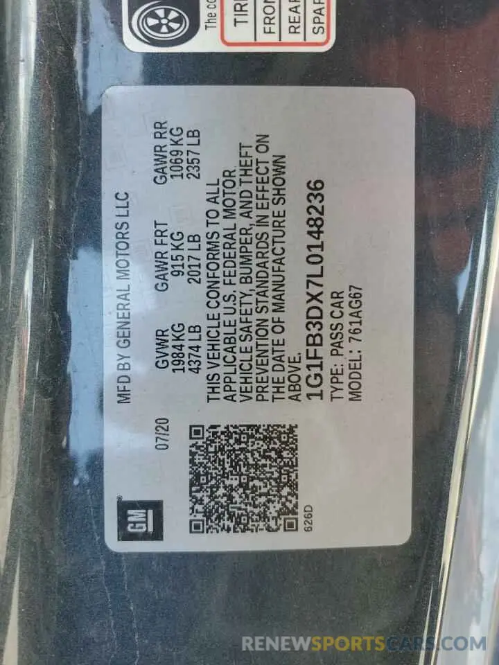 12 fotografías del automóvil dañado 1G1FB3DX7L0148236 CHEVROLET CAMARO 2020