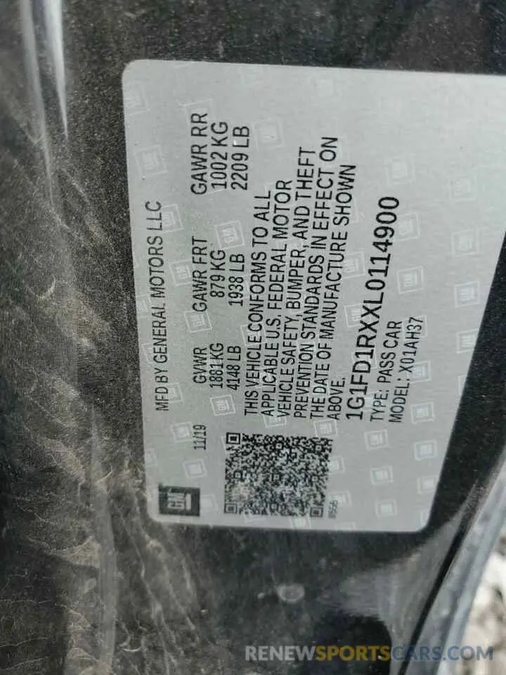 12 fotografías del automóvil dañado 1G1FD1RXXL0114900 CHEVROLET CAMARO 2020