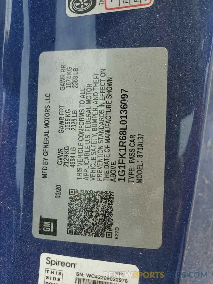 12 fotografías del automóvil dañado 1G1FK1R68L0136097 CHEVROLET CAMARO 2020