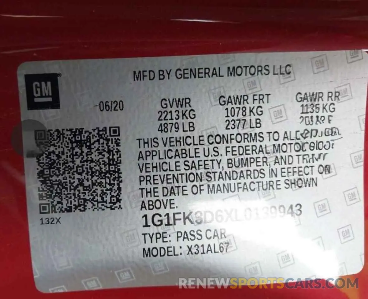 10 fotografías del automóvil dañado 1G1FK3D6XL0139943 CHEVROLET CAMARO 2020