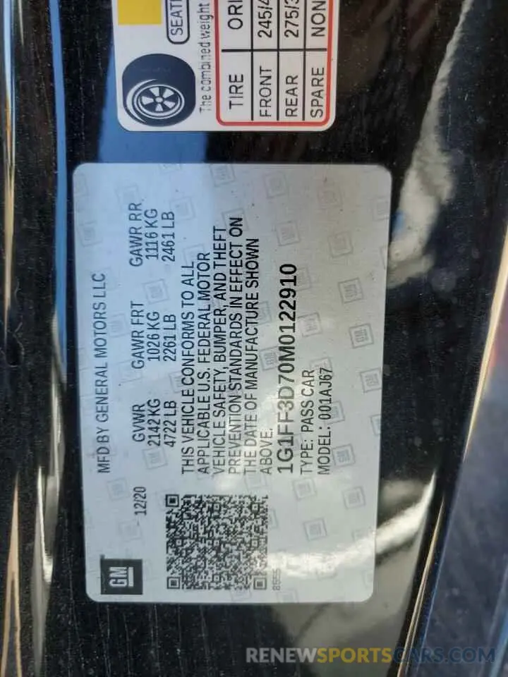 12 fotografías del automóvil dañado 1G1FF3D70M0122910 CHEVROLET CAMARO 2021