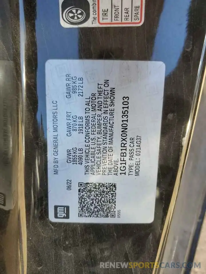 12 fotografías del automóvil dañado 1G1FB1RX0N0135103 CHEVROLET CAMARO 2022