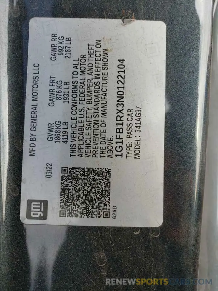 12 fotografías del automóvil dañado 1G1FB1RX3N0122104 CHEVROLET CAMARO 2022