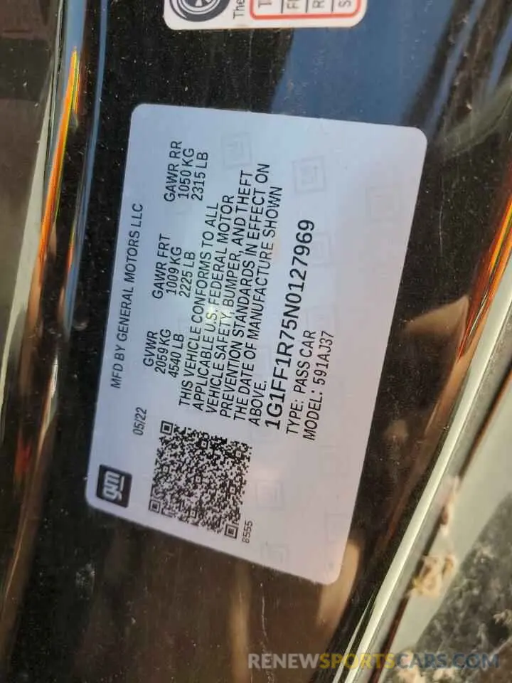 14 fotografías del automóvil dañado 1G1FF1R75N0127969 CHEVROLET CAMARO LT1 2022