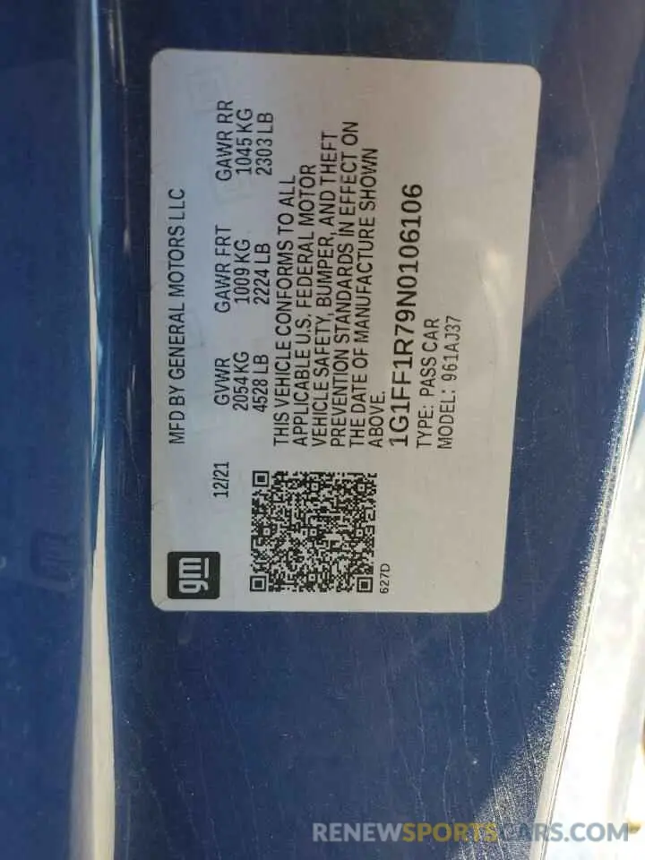 13 fotografías del automóvil dañado 1G1FF1R79N0106106 CHEVROLET CAMARO LT1 2022