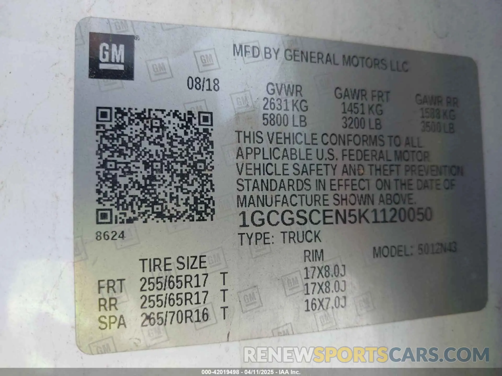 9 fotografías del automóvil dañado 1GCGSCEN5K1120050 CHEVROLET COLORADO 2019