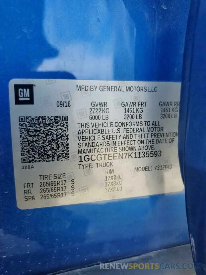 12 fotografías del automóvil dañado 1GCGTEEN7K1135593 CHEVROLET COLORADO 2019