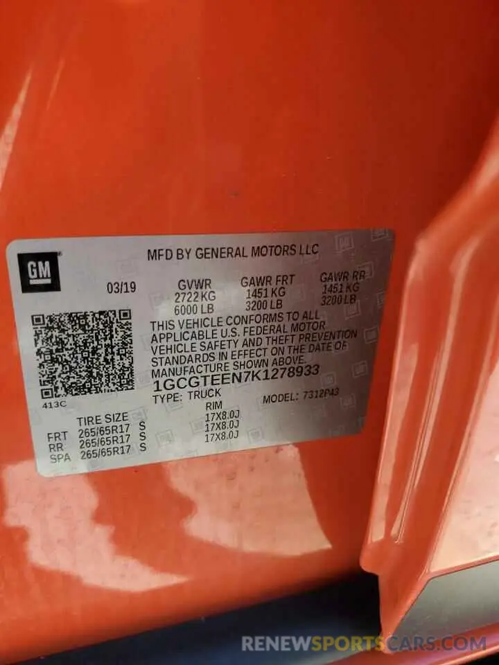 12 fotografías del automóvil dañado 1GCGTEEN7K1278933 CHEVROLET COLORADO 2019