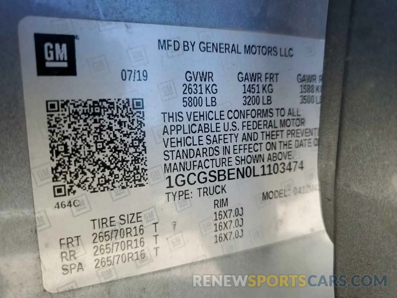 12 fotografías del automóvil dañado 1GCGSBEN0L1103474 CHEVROLET COLORADO 2020