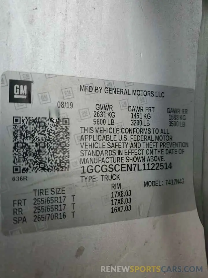 12 fotografías del automóvil dañado 1GCGSCEN7L1122514 CHEVROLET COLORADO 2020
