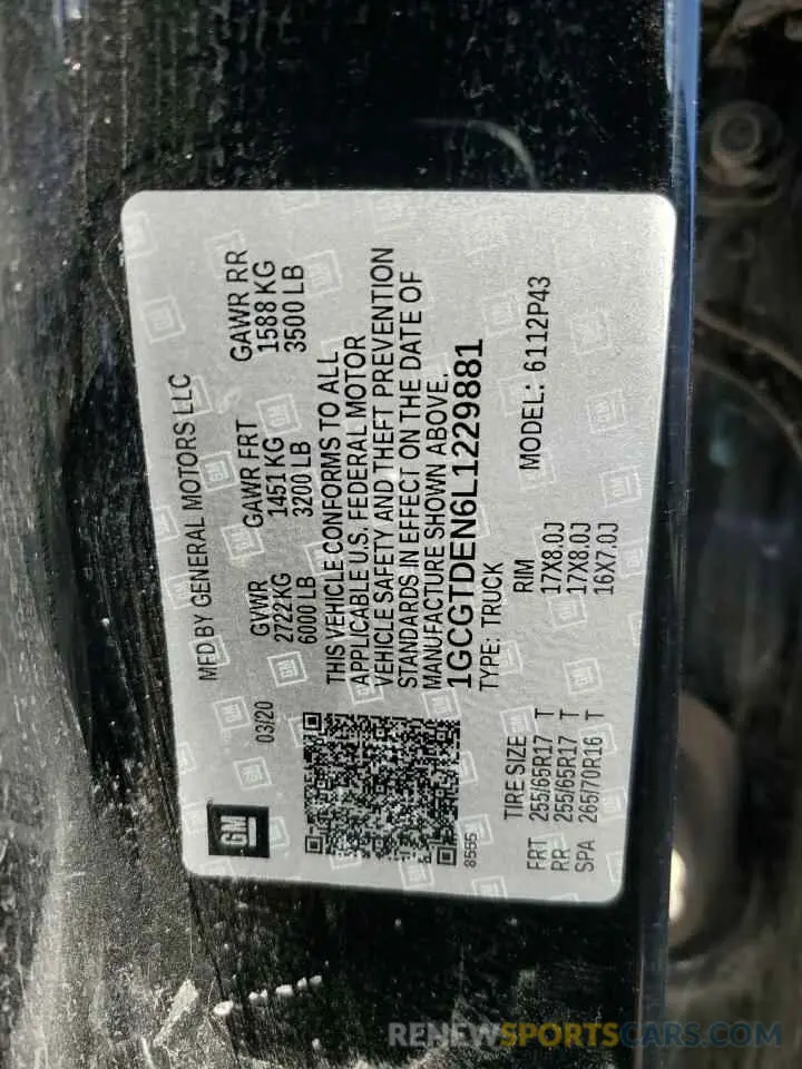 12 fotografías del automóvil dañado 1GCGTDEN6L1229881 CHEVROLET COLORADO 2020