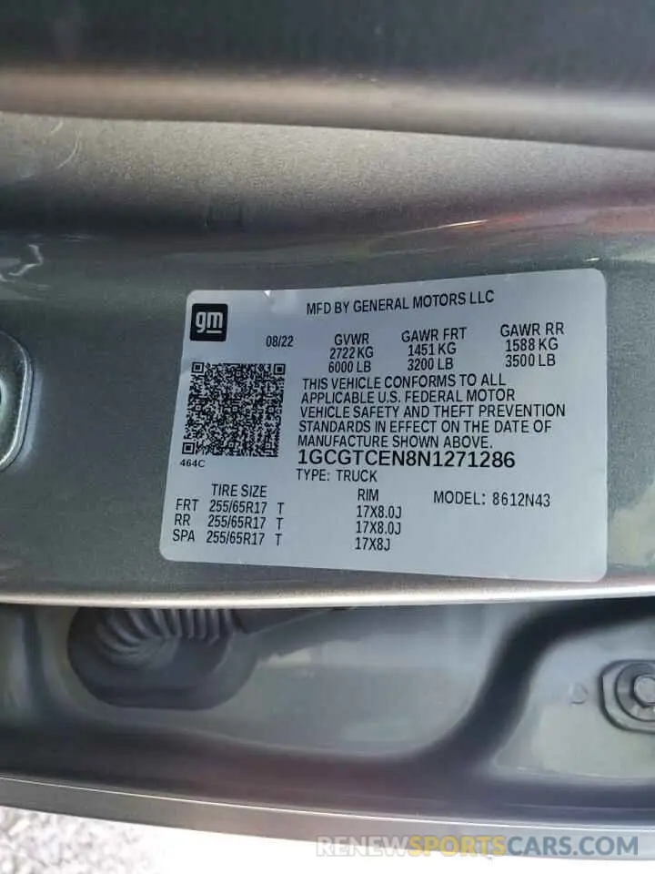 12 fotografías del automóvil dañado 1GCGTCEN8N1271286 CHEVROLET COLORADO 2022