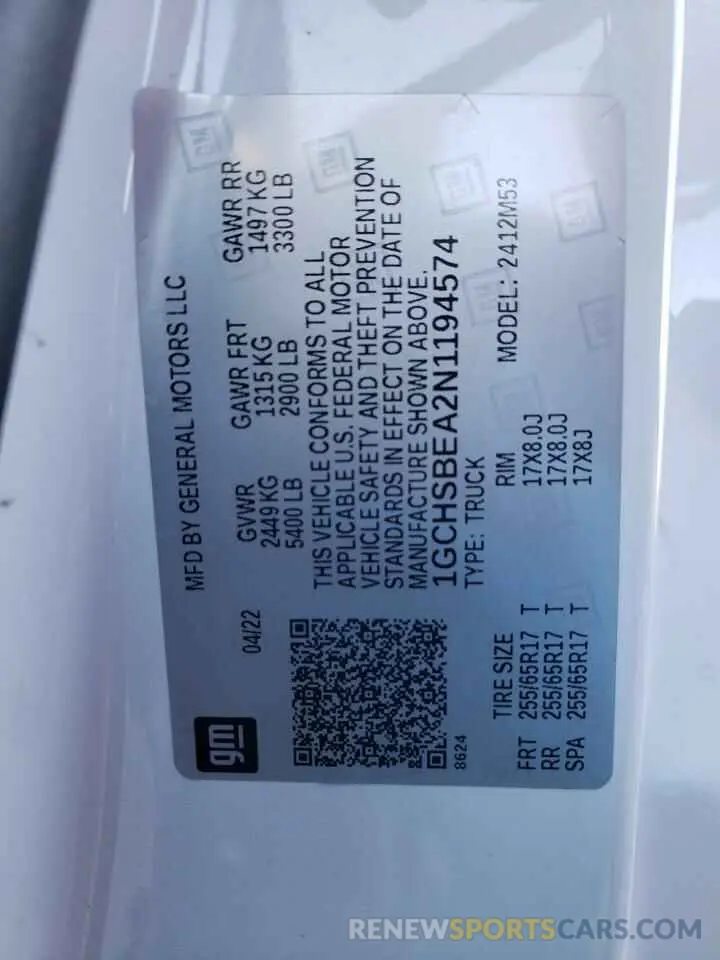 12 fotografías del automóvil dañado 1GCHSBEA2N1194574 CHEVROLET COLORADO 2022