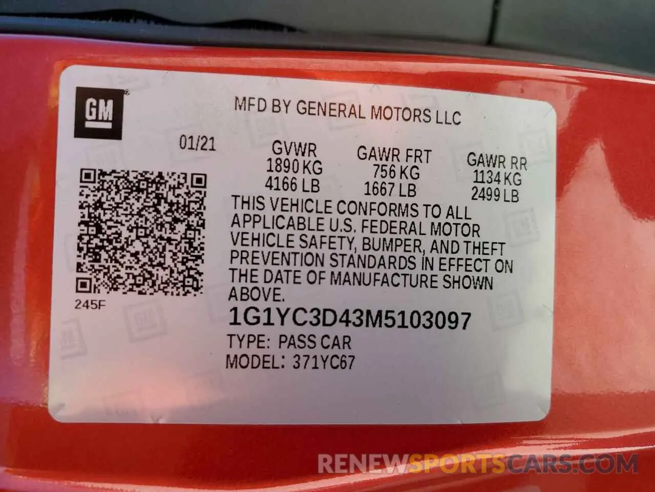 13 fotografías del automóvil dañado 1G1YC3D43M5103097 CHEVROLET CORVETTE 2021