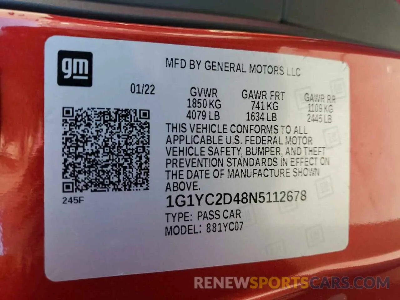 12 fotografías del automóvil dañado 1G1YC2D48N5112678 CHEVROLET CORVETTE 2022