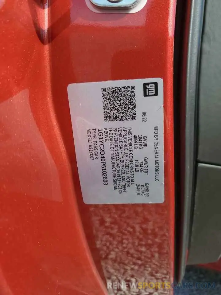13 fotografías del automóvil dañado 1G1YC2D40P5102603 CHEVROLET CORVETTE 2023