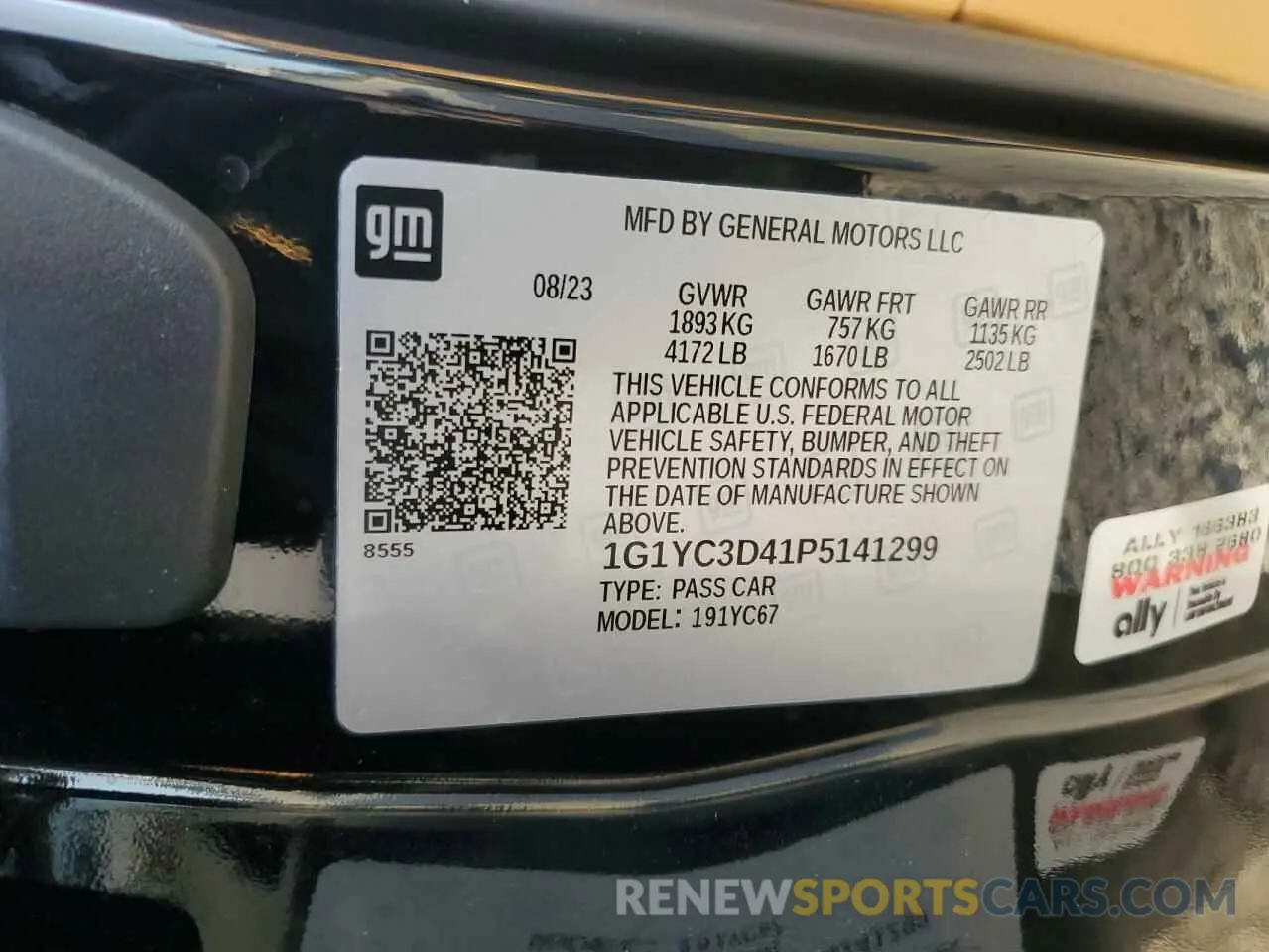 15 fotografías del automóvil dañado 1G1YC3D41P5141299 CHEVROLET CORVETTE 2023