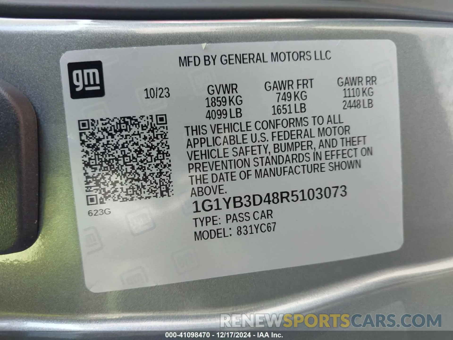 9 fotografías del automóvil dañado 1G1YB3D48R5103073 CHEVROLET CORVETTE STINGRAY 2024