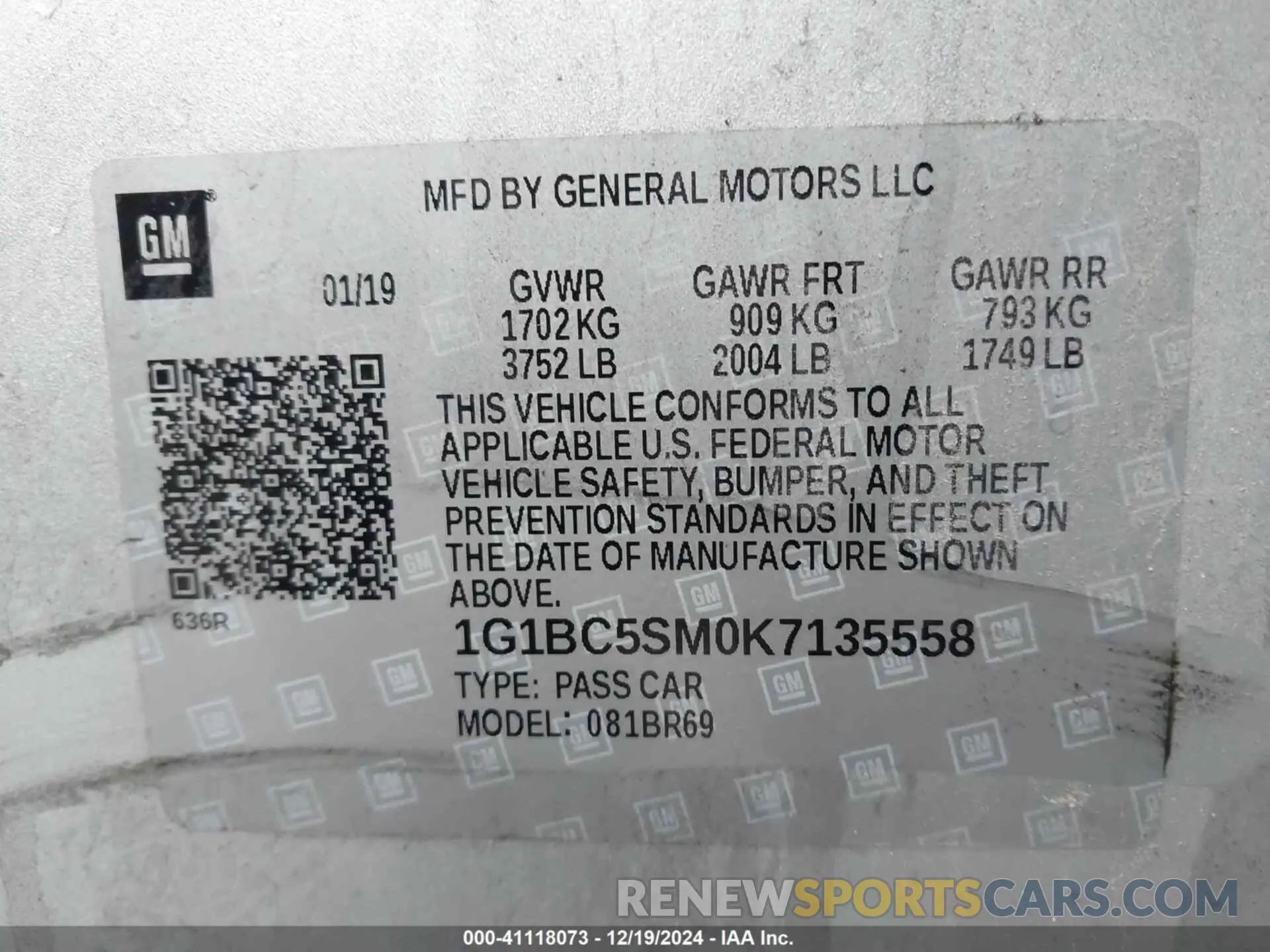 9 fotografías del automóvil dañado 1G1BC5SM0K7135558 CHEVROLET CRUZE 2019