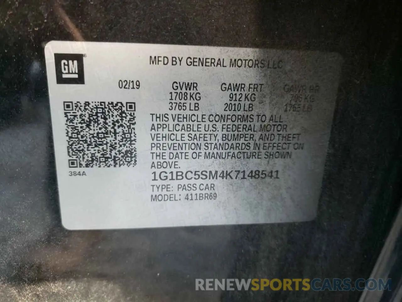 12 fotografías del automóvil dañado 1G1BC5SM4K7148541 CHEVROLET CRUZE 2019