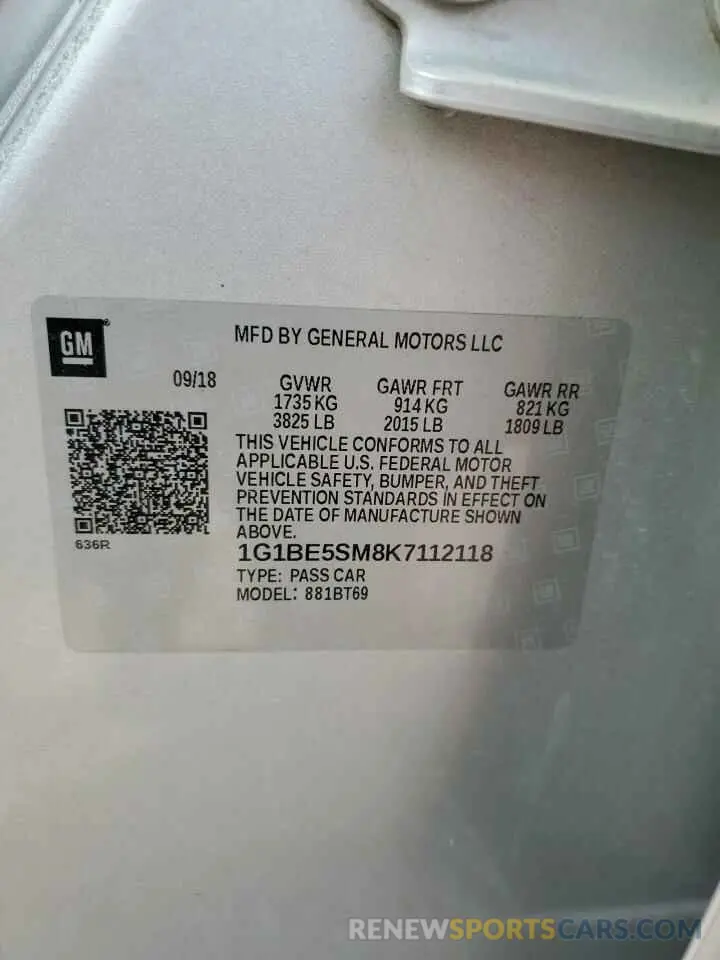 12 fotografías del automóvil dañado 1G1BE5SM8K7112118 CHEVROLET CRUZE 2019