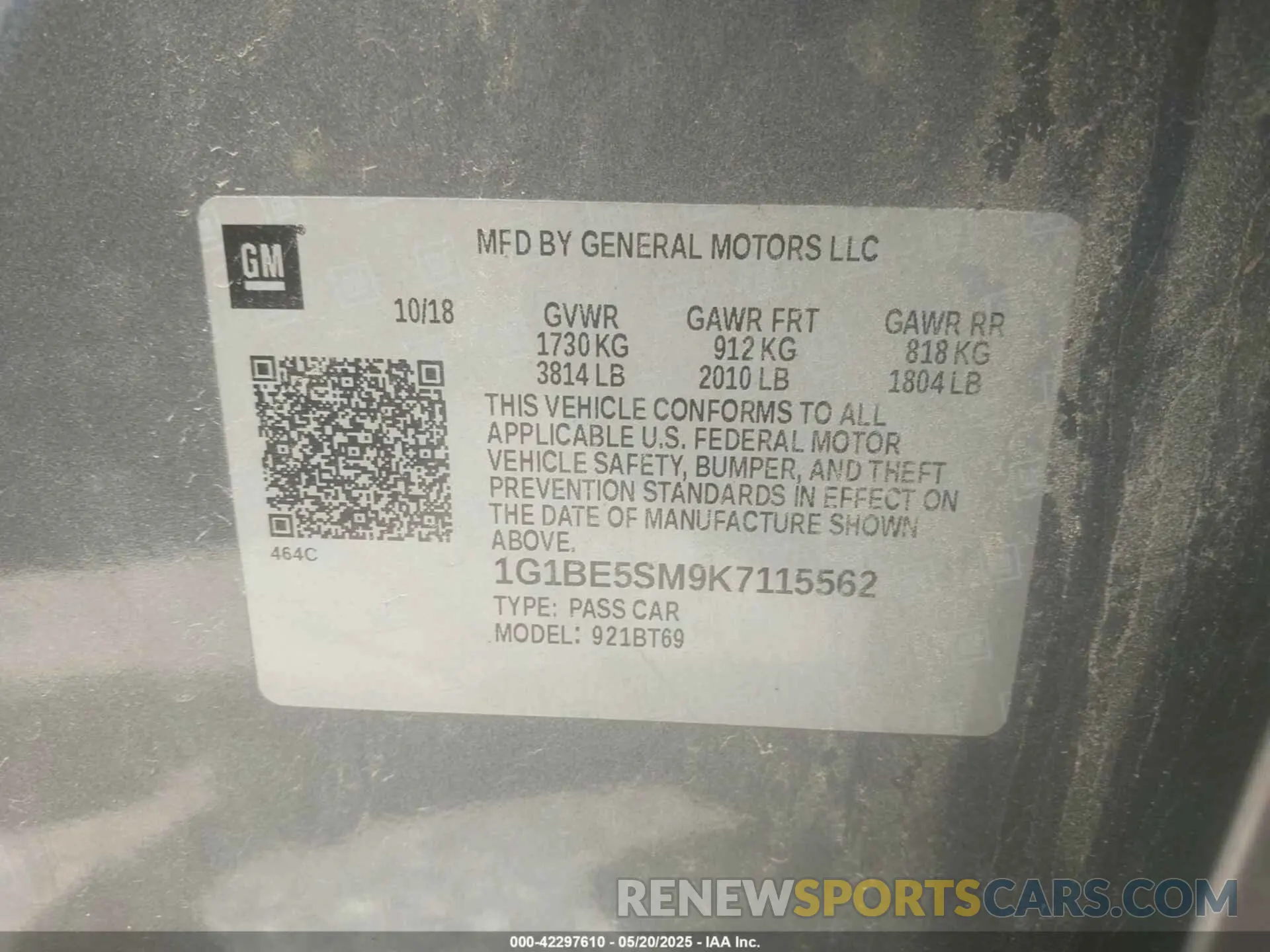9 fotografías del automóvil dañado 1G1BE5SM9K7115562 CHEVROLET CRUZE 2019