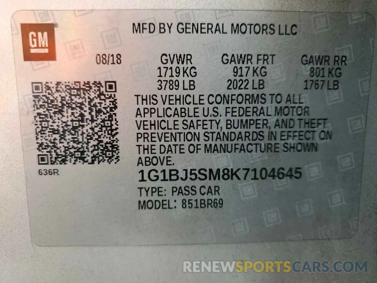 12 fotografías del automóvil dañado 1G1BJ5SM8K7104645 CHEVROLET CRUZE 2019
