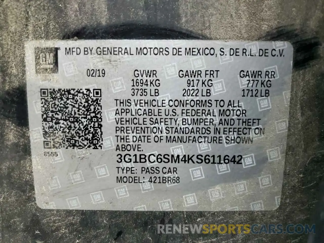 13 fotografías del automóvil dañado 3G1BC6SM4KS611642 CHEVROLET CRUZE 2019