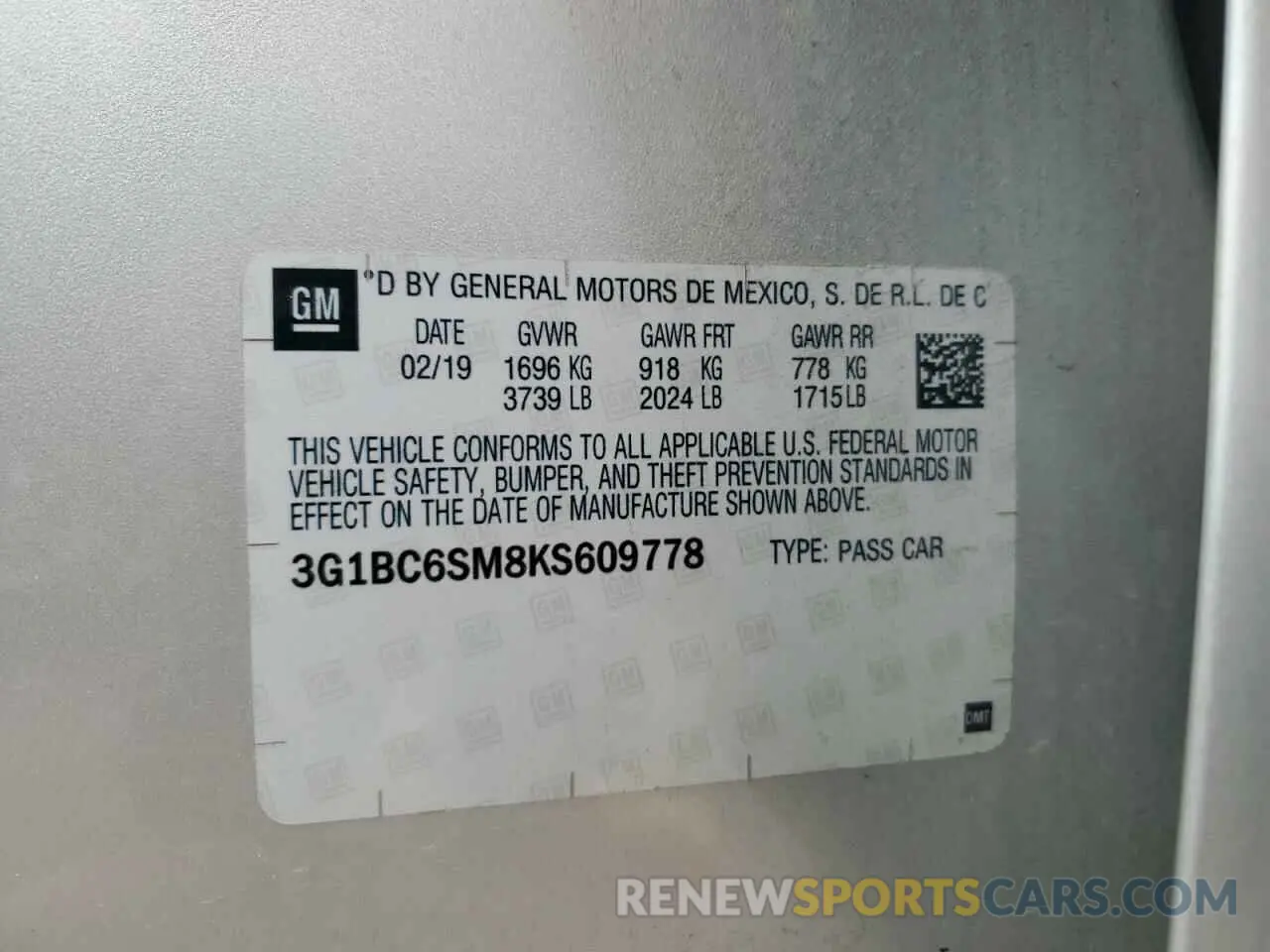 14 fotografías del automóvil dañado 3G1BC6SM8KS609778 CHEVROLET CRUZE 2019