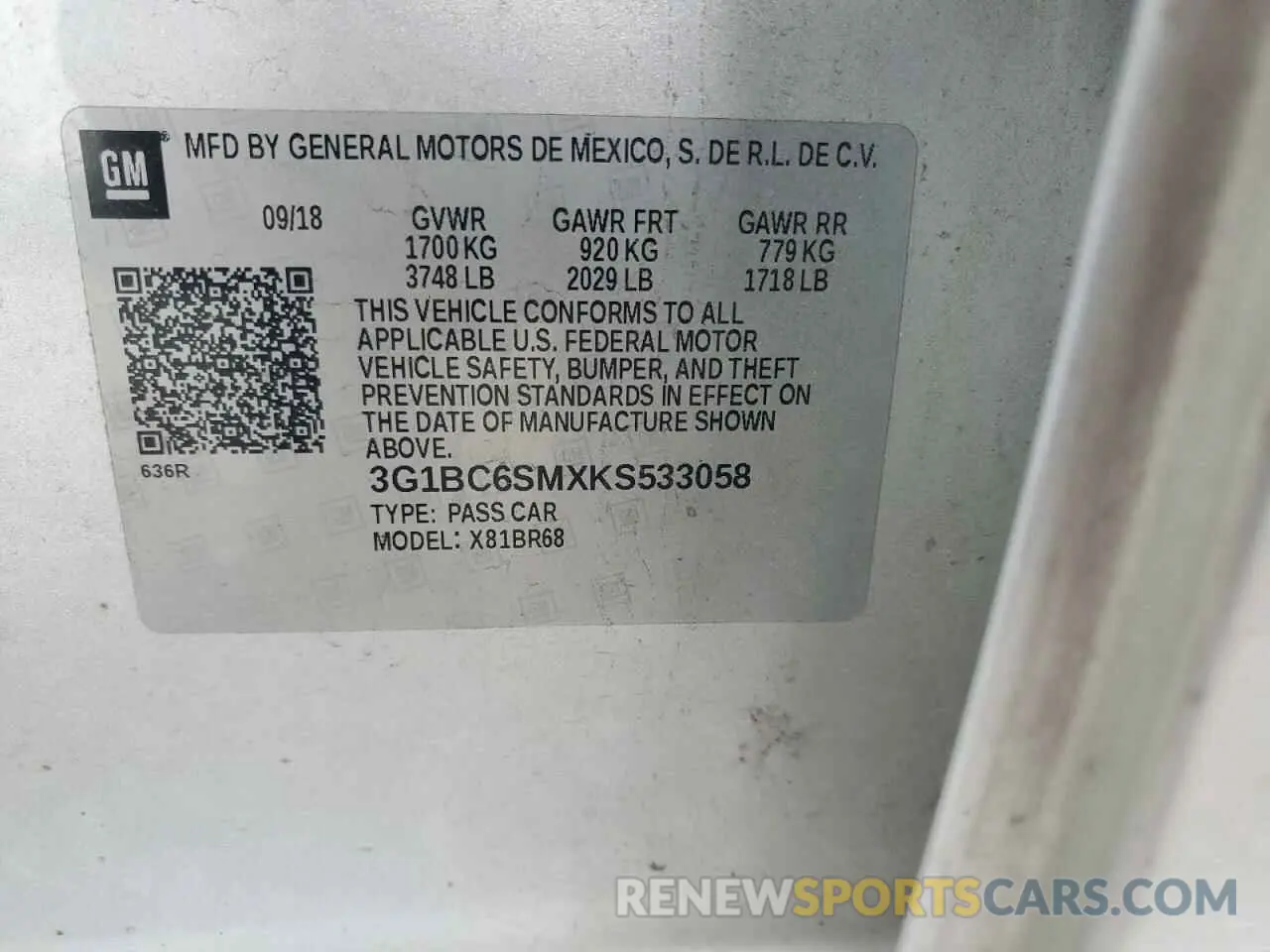 12 fotografías del automóvil dañado 3G1BC6SMXKS533058 CHEVROLET CRUZE 2019