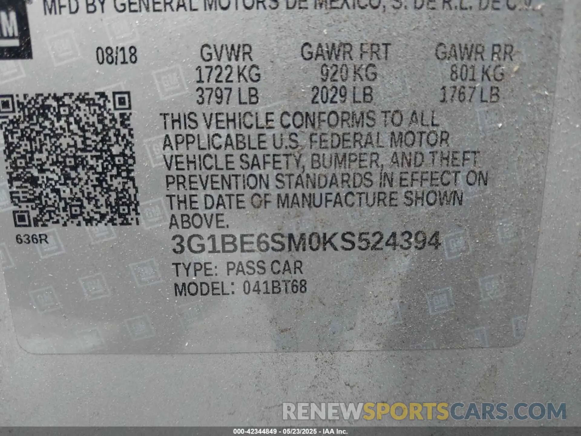 9 fotografías del automóvil dañado 3G1BE6SM0KS524394 CHEVROLET CRUZE 2019