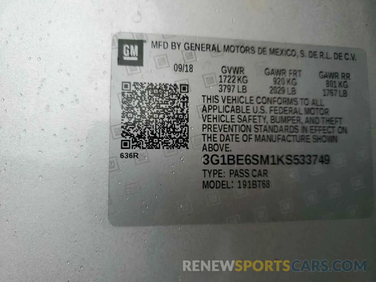12 fotografías del automóvil dañado 3G1BE6SM1KS533749 CHEVROLET CRUZE 2019