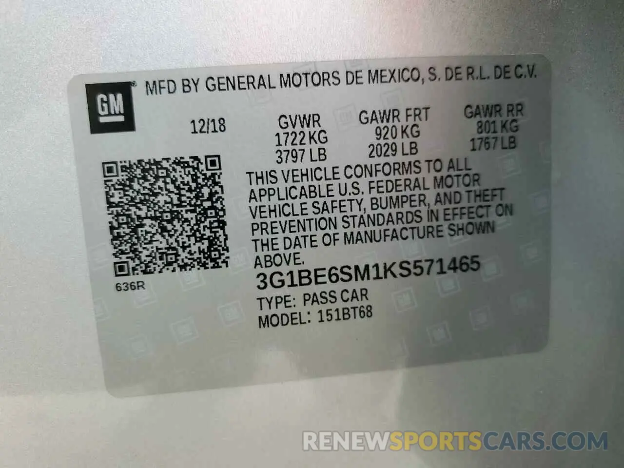 13 fotografías del automóvil dañado 3G1BE6SM1KS571465 CHEVROLET CRUZE 2019