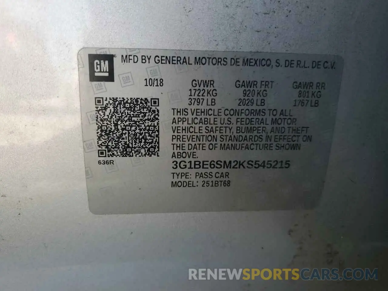 13 fotografías del automóvil dañado 3G1BE6SM2KS545215 CHEVROLET CRUZE 2019